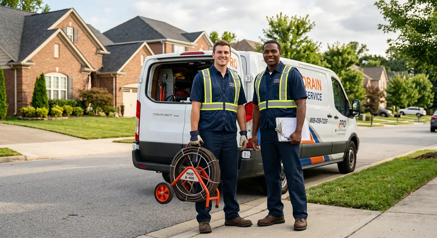 Sewer and drain service team with equipment ready for work in Essex Junction