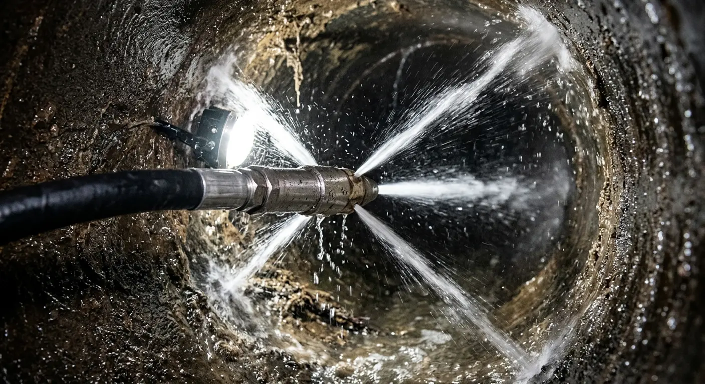 High-pressure hydro jetting nozzle cleaning sewer pipe for Storm Drain Cleaning in Essex Junction
