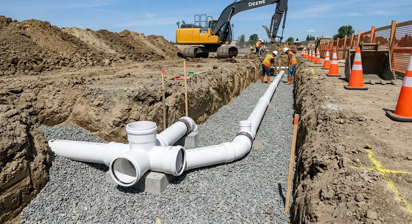 New PVC sewer pipe installation in open trench for Sewer Camera Inspection in Essex Junction