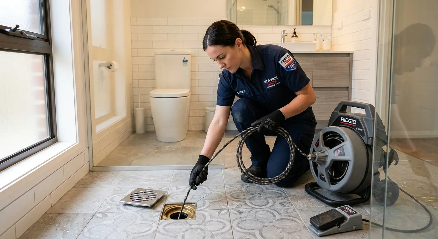 Technician clearing a bathroom floor drain for Sewer Line Installation in Essex Junction